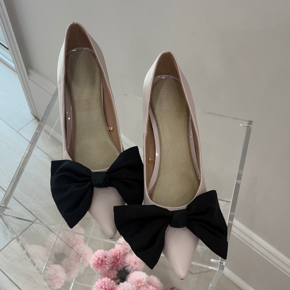 Zara Blush Pink Pointed Toe Heels with Black Bow